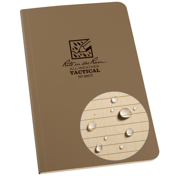 Rite in the Rain Weatherproof Tan Tactical Field Notebook, 4 5/8" x 7" Soft Cover Notepad, Universal Page Pattern, Reference Pages (No. 980T)