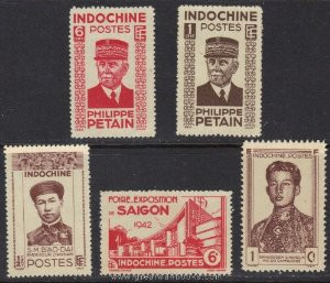 French Indochina Stamps - Emperor Bao Dai, Sihanook, Philippe Petain, foire exposition de saigon - 5 different stamps - MNH, F-VF - (9A072)