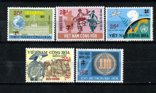 South Vietnam Stamps - 1974-5 , Sc 496-500 Surcharged with New Value and Two Bars in Red - MNH, F-VF  (9V09U)