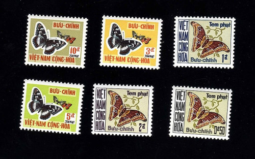 South Vietnam Stamps - 1968 , Sc J15-20 Butterflies on Postage Due Stamps, MH, F-VF (9V0BA)