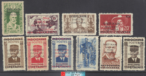 Vietnam Stamps - 1945-46, Sc 1L1,1L6,1L7,1L9,1L13, 1L15, 1L17, 1L19, 1L21, 1L41 Viet Minh Overprinted on Indochina Stamps  - NGAI, MINT, F-VF  (9N0AY)