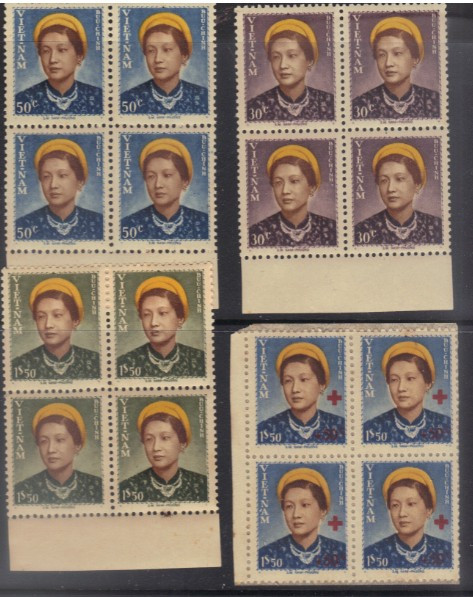 South Vietnam Stamps - 1952, Sc 14-6 complete set + B1, Empress Nam Phuong - Blk of 4, Mint