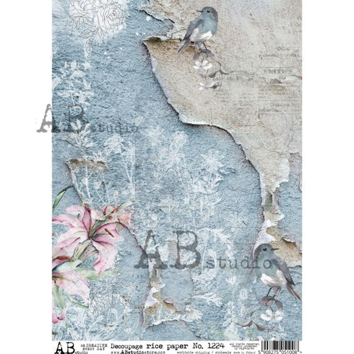 AB Studios Blue Torn Page with Bird A4 Rice Paper