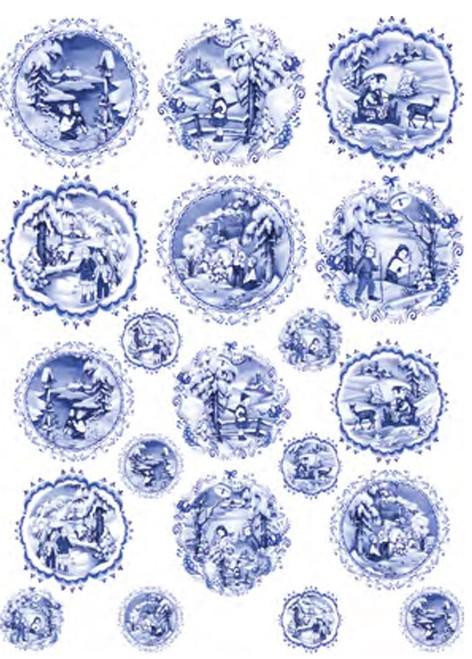 Calambour Blue Vintage Round Winter Scenes A3 Rice Paper