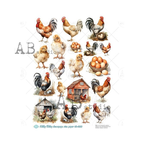 AB Studios Farmhouse Hens and Roosters A4 Rice Paper