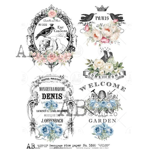 AB Studios French Bird Labels A4 Rice Paper