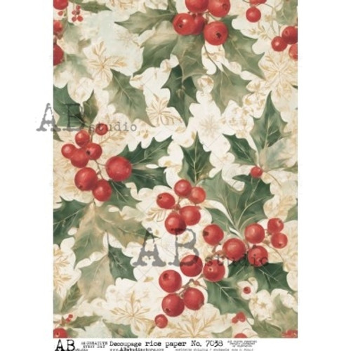 AB Studios Holly & Red Berries Christmas A4 Rice Paper