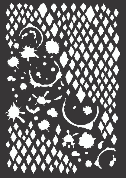 Decoupage Queen distressed diamond splatter stencil with lattice pattern and paint splash details