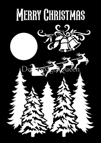Decoupage Queen Santa's sleigh stencil with Merry Christmas text, sleigh, bells and winter trees