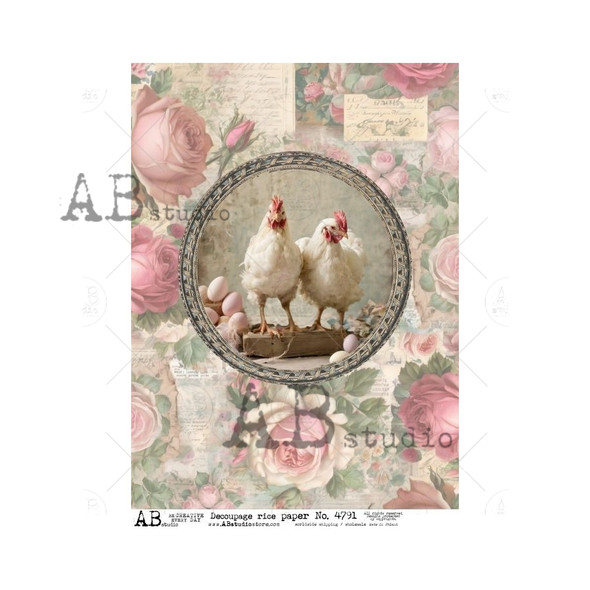 AB Studios Shabby Chic Easter Hens A4 Rice Paper