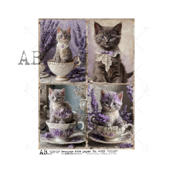 AB Studios Four Kitties in Teacups A4 Rice Paper