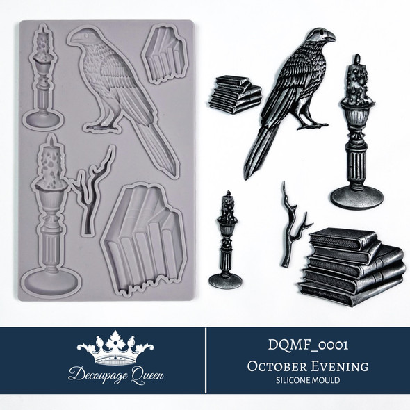 Decoupage Queen October Evening silicone mould with raven, stacked books, candles and gothic decorative elements