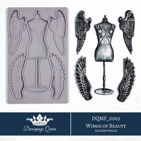 Decoupage Queen Wings of Beauty silicone mould with dress form, angel wings and feather embellishments
