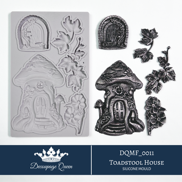 Decoupage Queen Toadstool House silicone mould with mushroom cottage, floral accents and woodland details