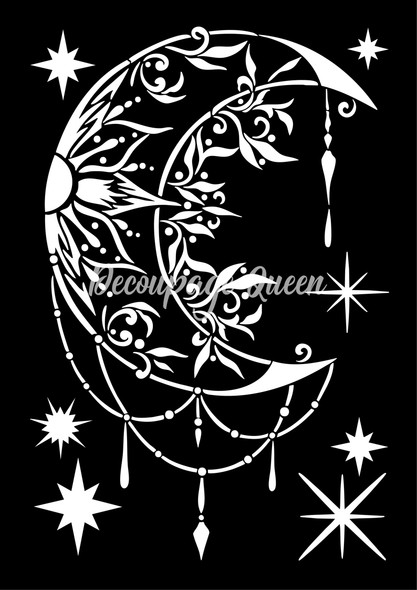 Decoupage Queen celestial stencil with crescent moon, hanging ornaments and stars