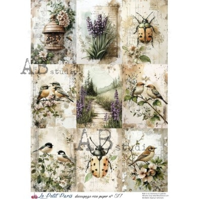 Garden Bird and Ladybug Illustration Panel Decoupage Paper – A4