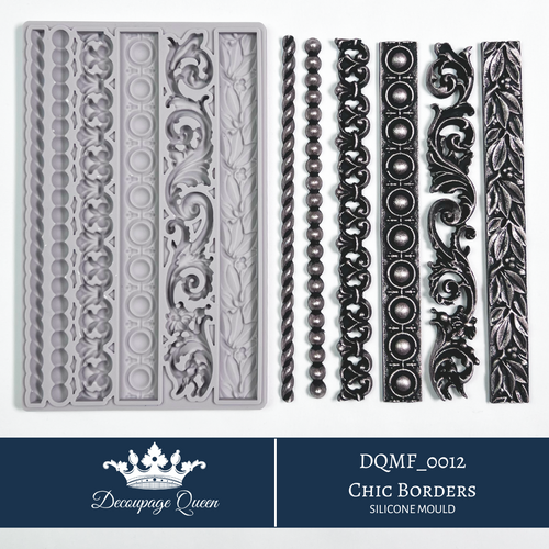 Decoupage Queen Chic Borders silicone mould with decorative border strips, scrollwork and ornamental trim