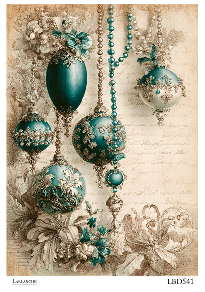 LaBlanche Teal Jeweled Christmas Ornaments and Pearls A4 Rice Paper