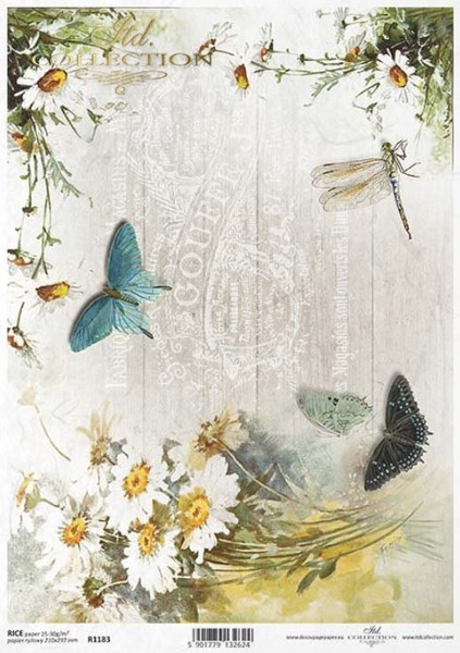 ITD Collection Butterfly and Daisies Rice Paper Decoupage A4 for DIY Projects, Scrapbooking, Art Journals, Mixed Media, Collage