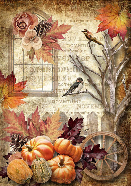 November rice paper with birds and pumpkins