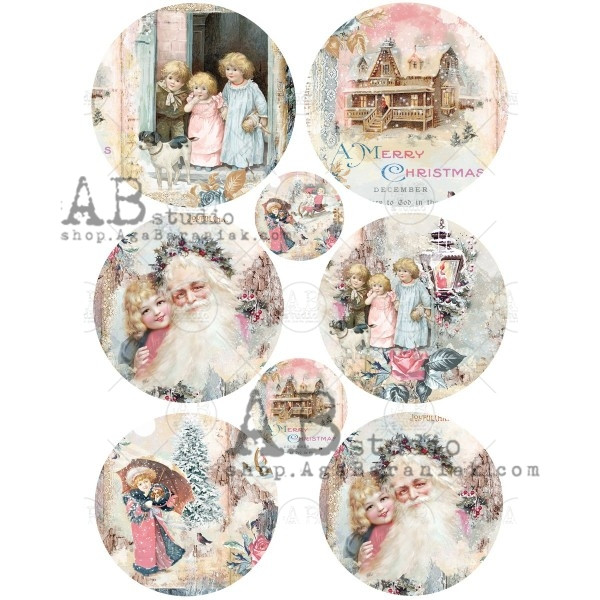 AB Studios Joyful Children and Santa Round Scenes Rice Paper A4 0367