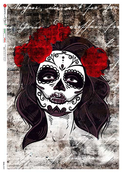 Paper Designs Rice Paper Dia de los Meurtos Red Roses Skull PD SKULL 0029