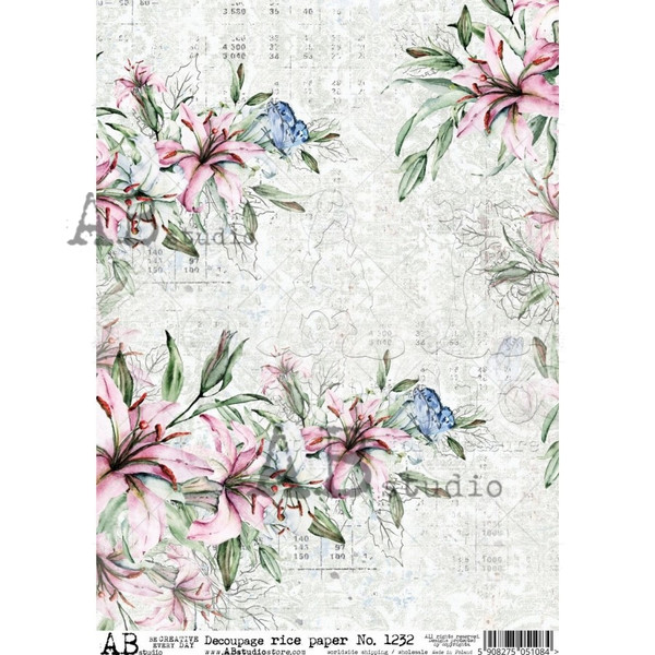 AB Studios Pink Lillies A4 Rice Paper