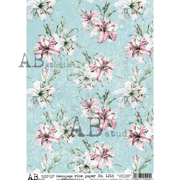 AB Studios Aqua and Pink Floral A4 Rice Paper