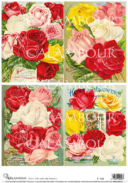 Calambour Red Pink White and Yellow Roses 4 PackA4 Rice Paper