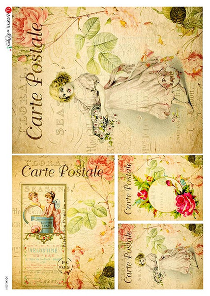 Paper Designs Carte Postal Seasons Girl with Basket Rice Paper