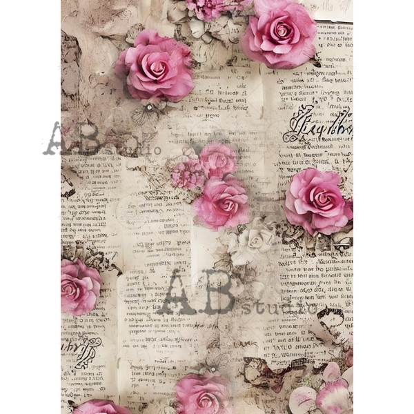 AB Studios Roses on Book Page A4 Rice Paper