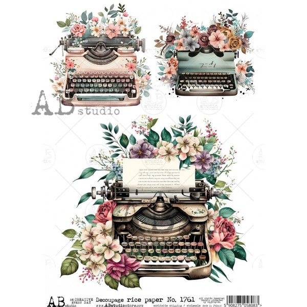 AB Studios 3 Pack of Floral Vintage Typewriters A4 Rice Paper