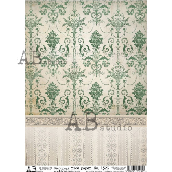 AB Studios Green and Off White Baroque Patterned Pair A4 Rice Paper