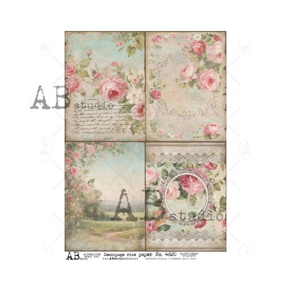 AB Studios Four Shabby Chic Easter Spring Roses Scenes A4 Rice Paper