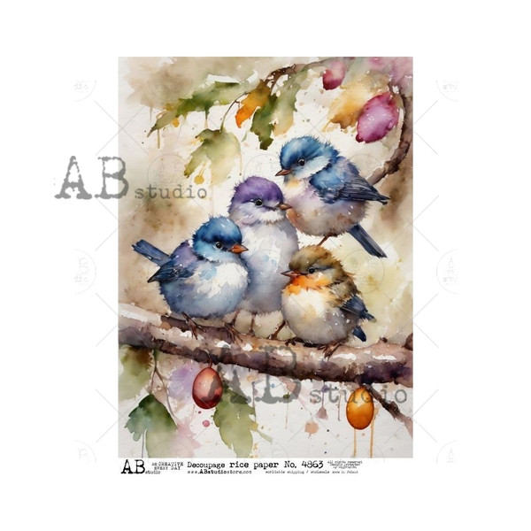 AB Studios Watercolor Birds on a Branch A4 Rice Paper