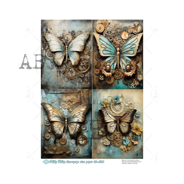 AB Studios Four Pack Steampunk Butterflies A4 Rice Paper