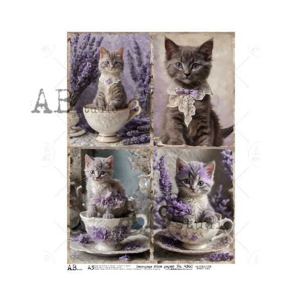 AB Studios Four Kittens Lavender Themed in Teacups Size A3