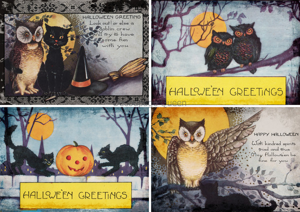 Vellum Paper -  Vintage Cats and Owls Halloween 4 Pack