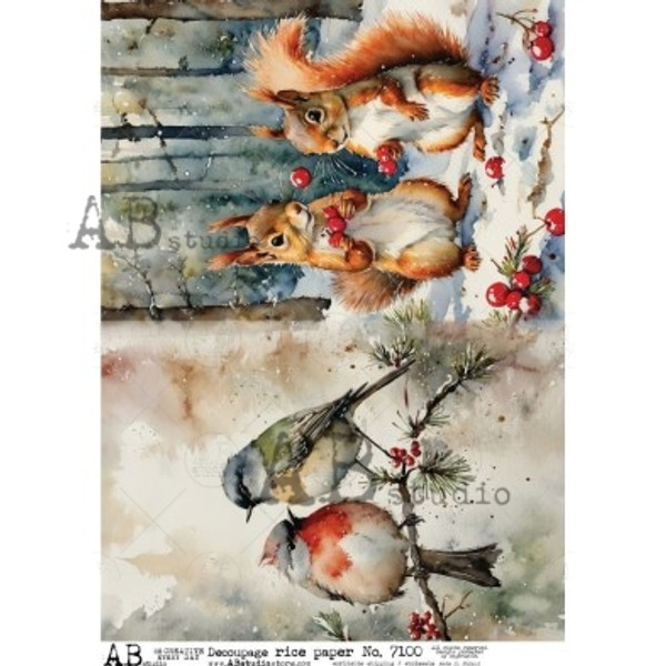 AB Studios Winter Squirrels & Birds A4 Rice Paper