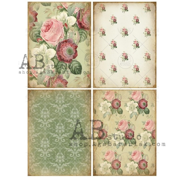AB Studios Rice Paper A4 4 Vintage Rose Patterns