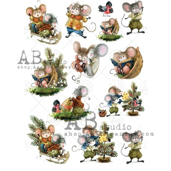 AB Studios Christmas Mice Scenes Rice Paper A4 0443
