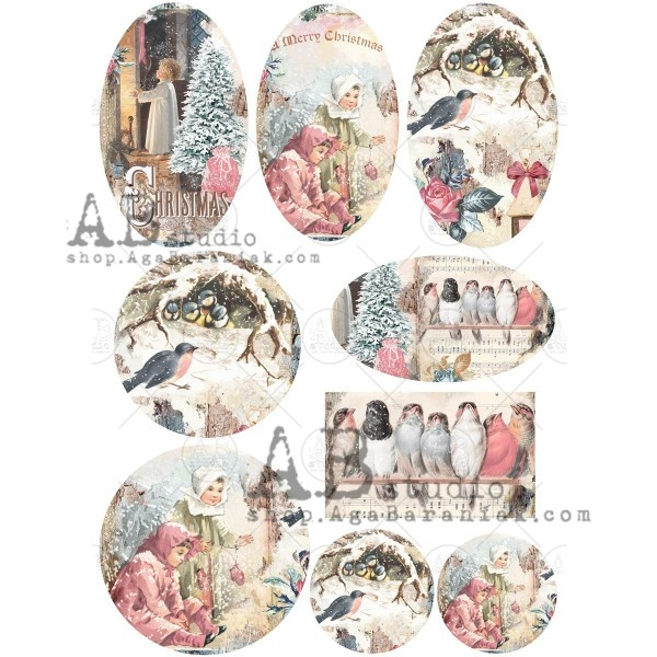 AB Studios Vintage Birds and Children Ornament Scenes Rice Paper A4 0368
