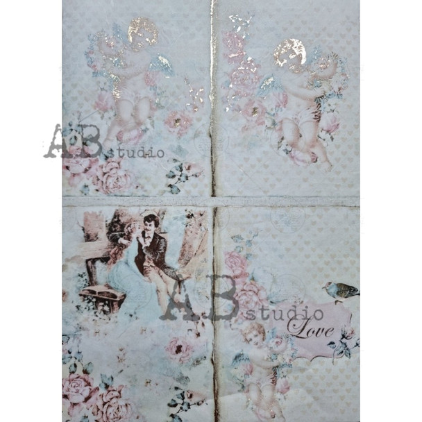 AB Studios Soft Blue and Pink Gilded Angels Rice Paper A4 0027