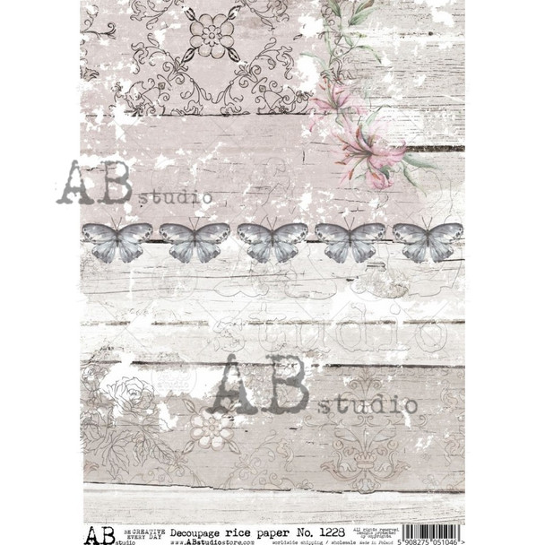 AB Studios Wood Grain and Butterflies A4 Rice Paper