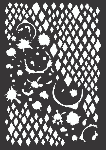 Decoupage Queen distressed diamond splatter stencil with lattice pattern and paint splash details