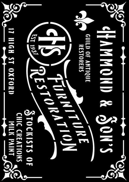 Decoupage Queen Hammonds furniture stencil with vintage typography and decorative border