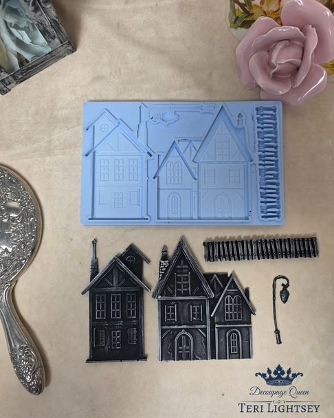 LaBlanche Houses II silicone mould with house facades, fence and street lamp