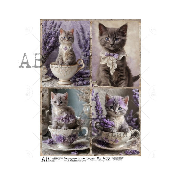 AB Studios Four Kitties in Teacups A4 Rice Paper