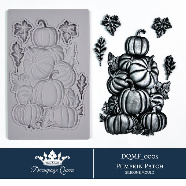 Decoupage Queen Pumpkin Patch silicone mould with stacked pumpkins, leaves and autumn harvest details