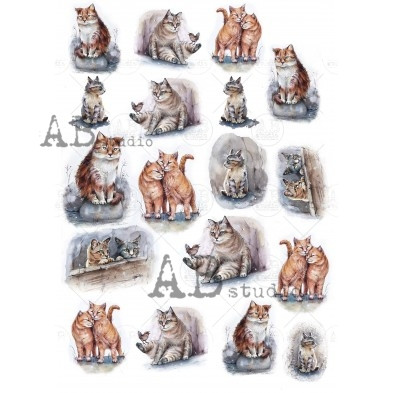 Whimsical Cat Illustration Pattern Decoupage Paper – A4